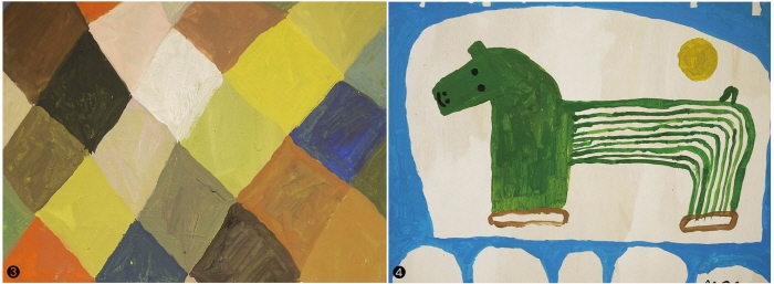❸ Tiles, Gouache on wood, 49×29.7㎝, 2018 ❹ A Green Horse, Gouache on wood, 41.5×41.5㎝, 2018