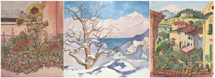 해바라기 화단, 1933년·눈 덮인 계곡, 1933년·클링조어 발코니, 1931년(왼쪽부터.)[사진=호반아트리움 제공]