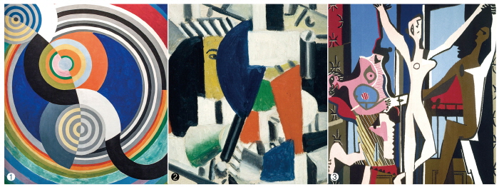 ❶로베르 들로네, 리듬 n°2, 튈르리 살롱전 장식화, 1938년, 538×396㎝, 캔버스에 유화 ⓒ Musee d'art moderne de la Ville de Paris ❷페르낭 레제, 거울 앞의 여인, 1920년 35×27㎝, 캔버스에 유화 ⓒ Musee d'art moderne de la Ville de Paris ❸파블로 피카소, 무용, 1975년, 296×206㎝, 태피스트리 ⓒ2018-Succesion Pablo Picasso-SACK(Korea)