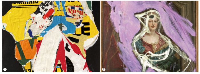 ❶ 무제(데콜라주), 1964년, 상자에 부착된 찢어진 포스터, 64×49.1㎝, 욘 미술관 소장 ❷ 무제(미완의 형태 파괴), 1962년, 캔버스에 유채, 122×97㎝, 욘 미술관 소장