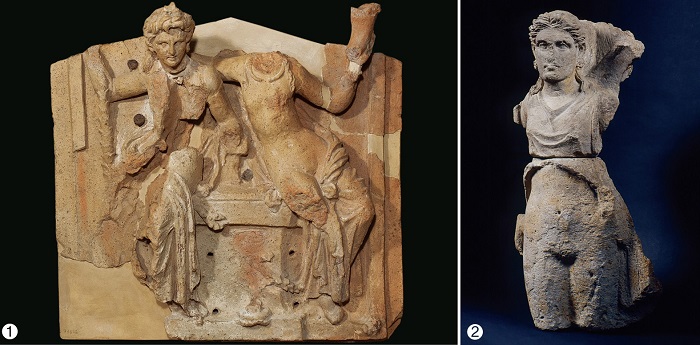 ❶디오니소스와 아리아드네가 묘사된 장식판, 기원전 3세기, 피렌체국립고고학박물관 ❷반트, 기원전 4세기 말, 피렌체국립고고학박물관