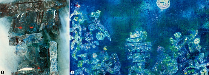 ❶남관, 푸른 땅⑶, 1967년, 캔버스에 오일, 114.5×87.5㎝, 현대화랑 제공 ❷남관, 음영, 1984년, 캔버스에 오일, 199×298㎝, 현대화랑 제공