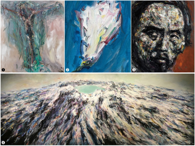 ➊예수, Oil on canvas, 77.4×1167.5㎝, 1994 ➋목련, Oil on canvas, 25.7×17.7㎝, 2020 ➌전봉준, Oil on canvas, 162×130㎝, 2018 ➍백두, Oil on canvas, 283×680.6×㎝, 2020