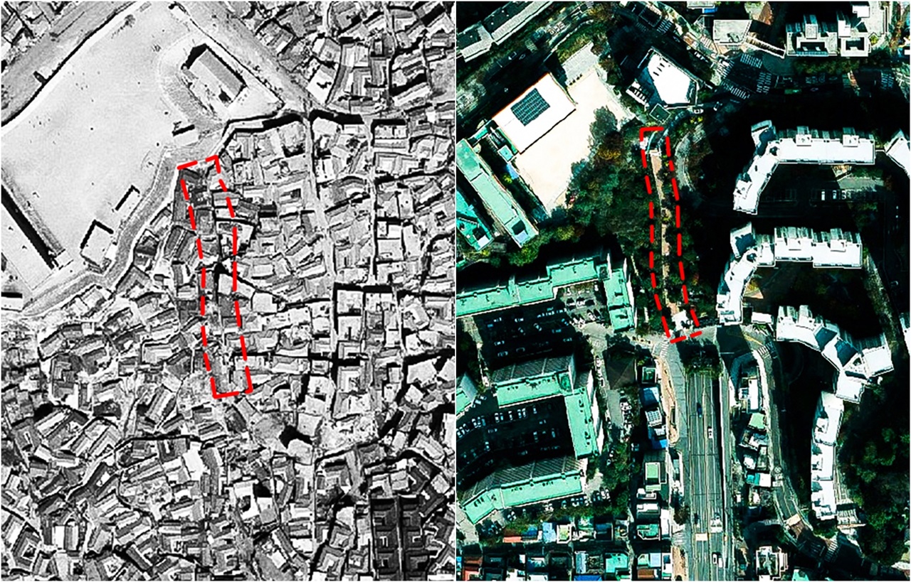 1973년(왼쪽), 2019년(오른쪽) 항공사진. 빨간색 표시 부분이 ‘천국의 계단’이다. 세월에 따라 동네는 변했고 골목은 계단으로 바뀌었다. [사진=오상민 작가]