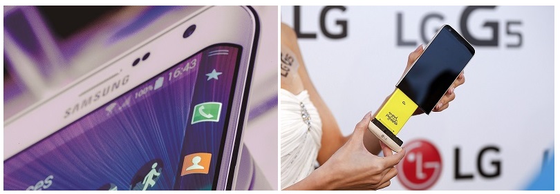 삼성전자는 업계 최초로 휘어지는 디스플레이를 스마트폰에 탑재했다.[사진=뉴시스] 모듈형 방식을 도입했던 LG G5는 부품 교체가 가능하다는 특징을 갖고 있었다.[사진=연합뉴스]