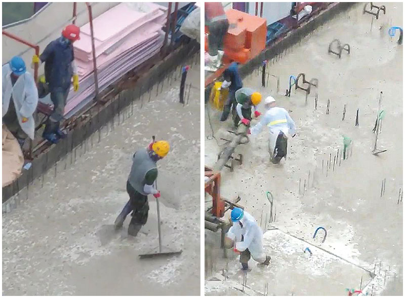 폭우가 쏟아지는 아파트 공사 현장에서 노동자들이 비옷을 입고 작업을 하고 있는 모습. 이렇게 작업을 했는데도, 이 현장은 아무런 법적 조치를 받지 않았다.[사진=더스쿠프 포토]