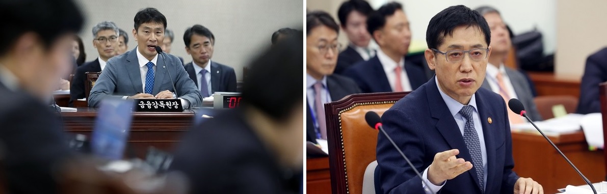 이복현 금감원장(왼쪽)과 김주현 금융위원장은 공매도를 두고 서로 다른 의견을 제시했다. [사진=뉴시스]