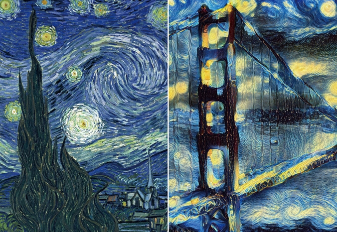 고흐 ‘별이 빛나는 밤(왼쪽)’과 AI가 고흐의 스타일과 패턴을 익혀 그린 샌프란시스코의 금문교.[사진=베지 연구소]
