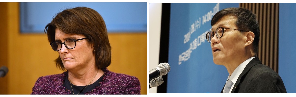 호주 집권 여당인 노동당 주요 인사들이 저성장의 희생양으로 중앙은행장을 점찍었다. 미셸 블록 호주중앙은행(RBA) 총재 모습(사진 왼쪽). 우리나라 8월 물가상승률이 2.0%를 기록했지만, 이창용 총재를 포함한 한국은행 주요 인사들은 “금융 안정”을 금리인하의 조건으로 내걸었다.[사진=뉴시스]